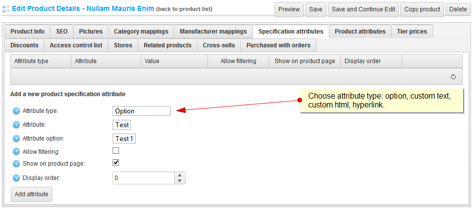 Now specification attributes support several types (option, custom text, HTML text, hyperlink)