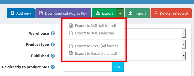 nopCommerce export files options