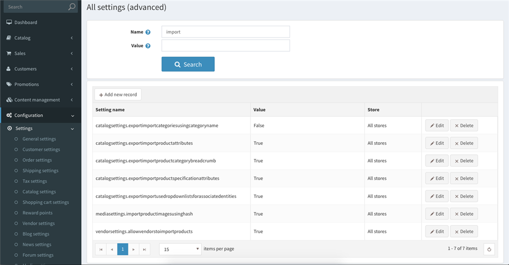 nopCommerce import / export settings