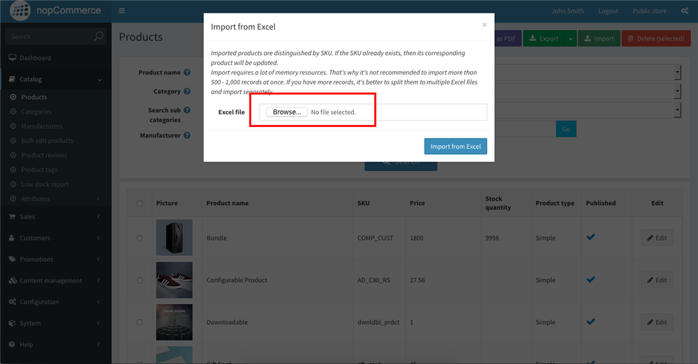 nopCommerce import products