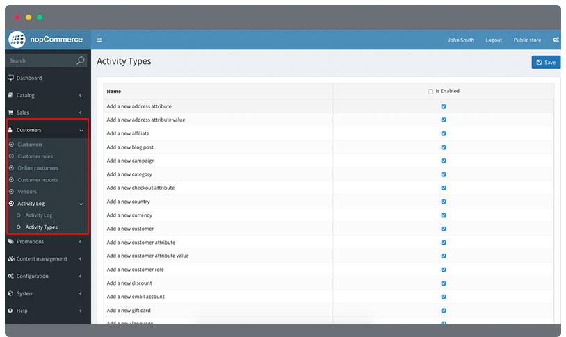 nopCommerce activity types